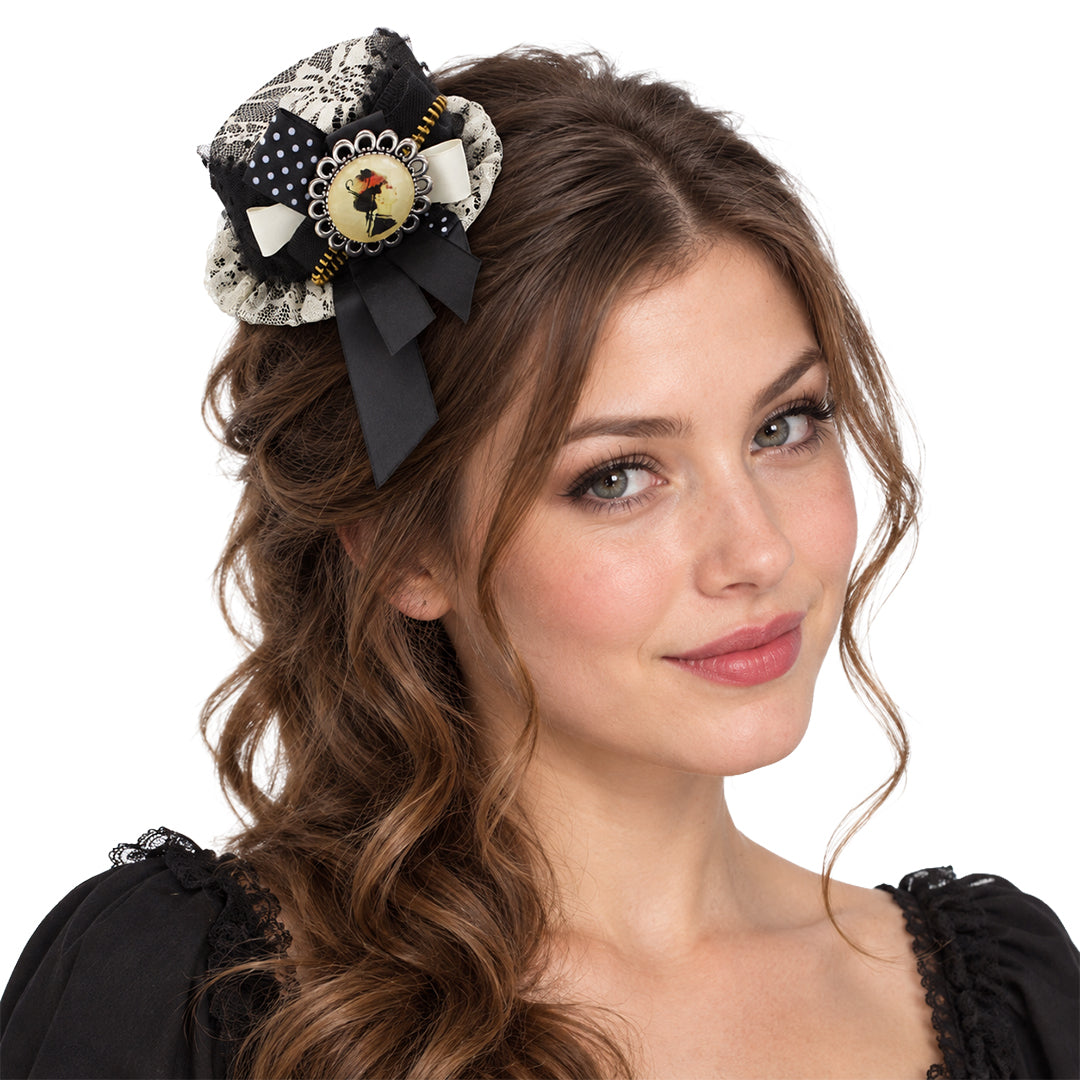 Lace Victorian Cameo Bow 2 Clips Mini Top Hat