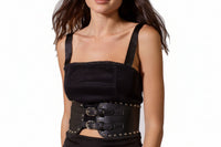 Black Double Buckle Elasticated Studded Waist Belt