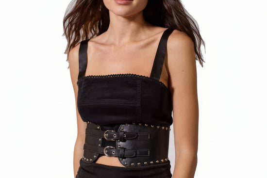 Black Double Buckle Elasticated Studded Waist Belt