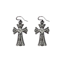 Clear Stone Gun Metal Clover Cross Earrings