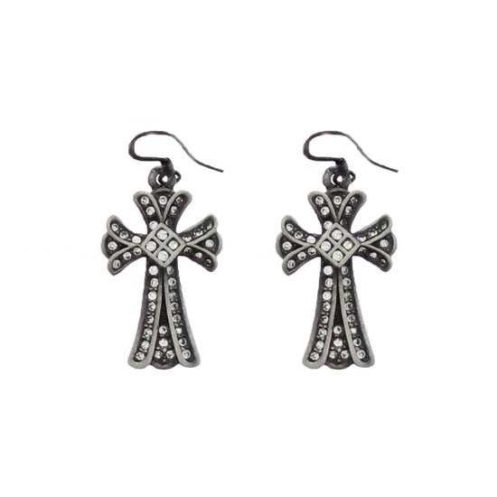 Clear Stone Gun Metal Clover Cross Earrings