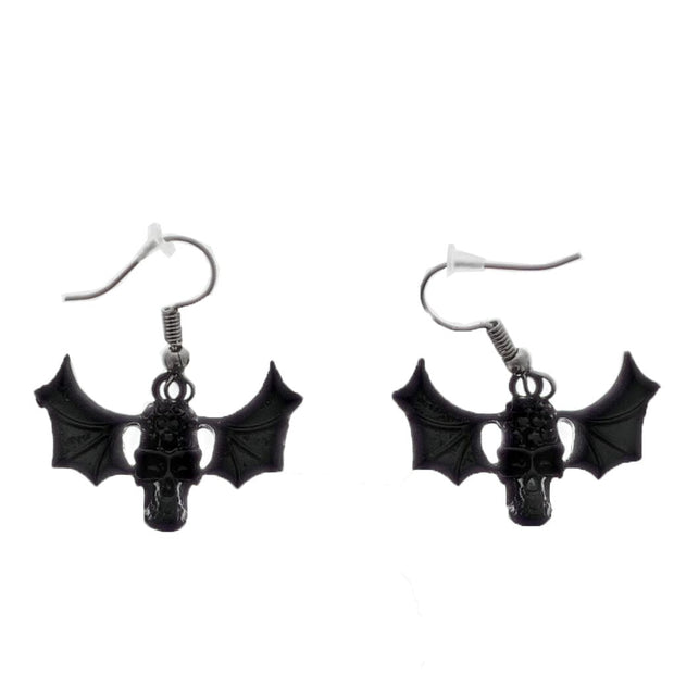 Jewelled Black Skull with Bat Wings Earrings