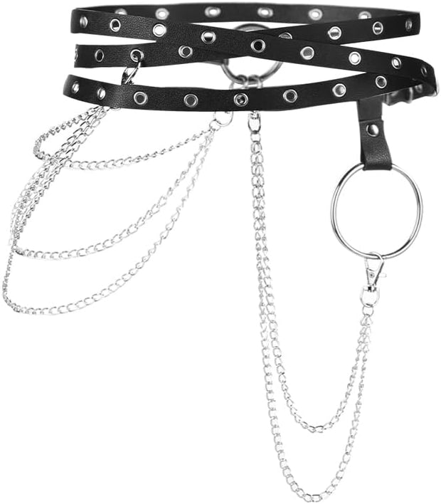 Eyelet Studded Triple Strap Belt with Triple Hip Chain