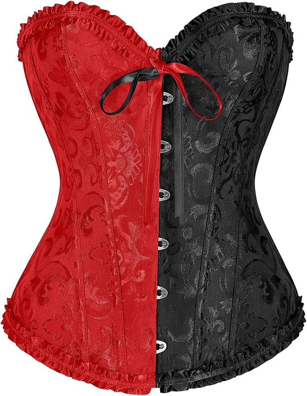 Half & Half Black & Red Classic Floral Print Bustier Corset