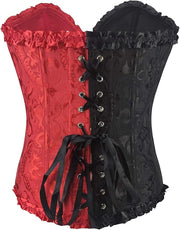 Half & Half Black & Red Classic Floral Print Bustier Corset