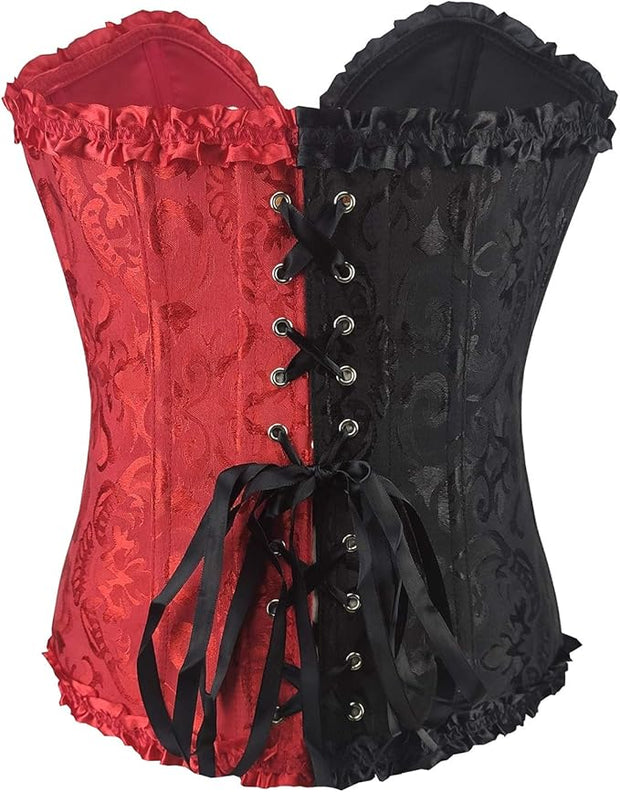 Half & Half Black & Red Classic Floral Print Bustier Corset