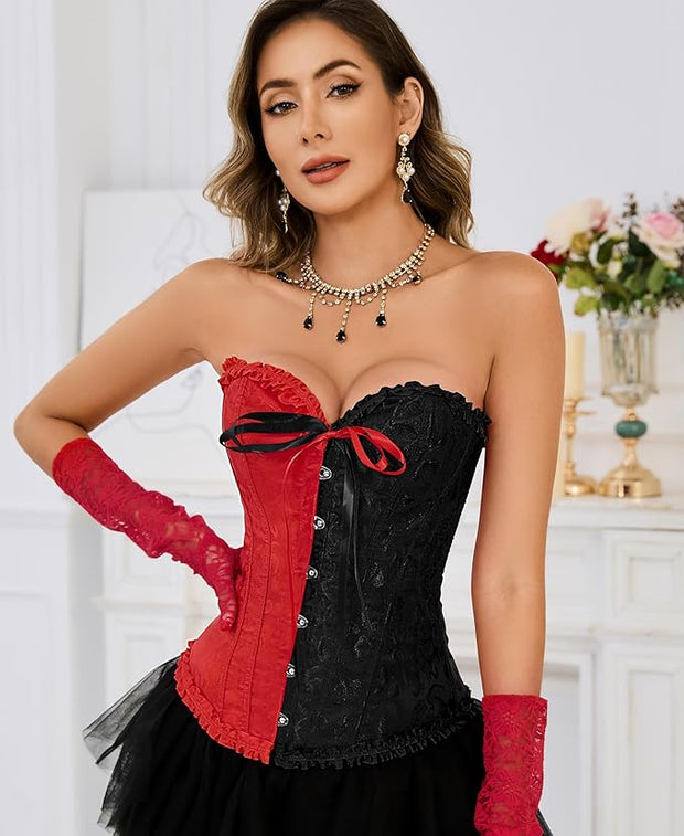 Half & Half Black & Red Classic Floral Print Bustier Corset