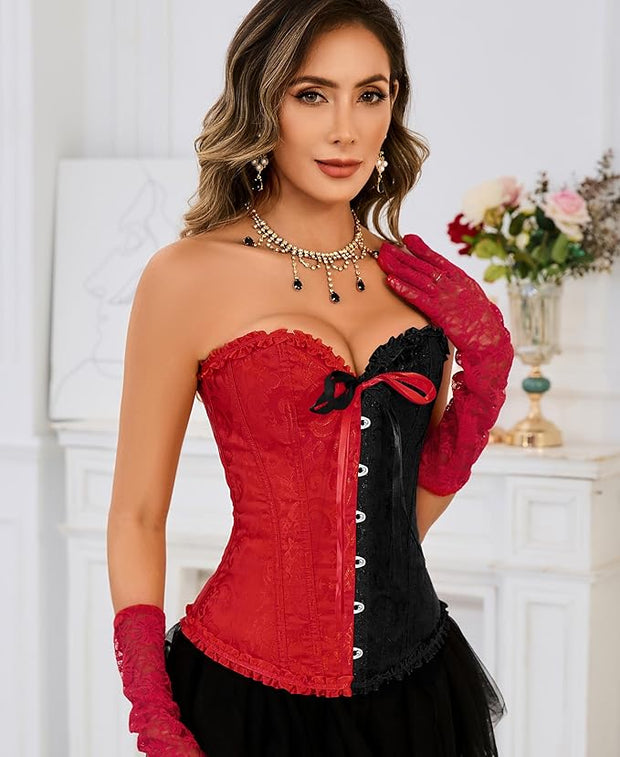 Half & Half Black & Red Classic Floral Print Bustier Corset