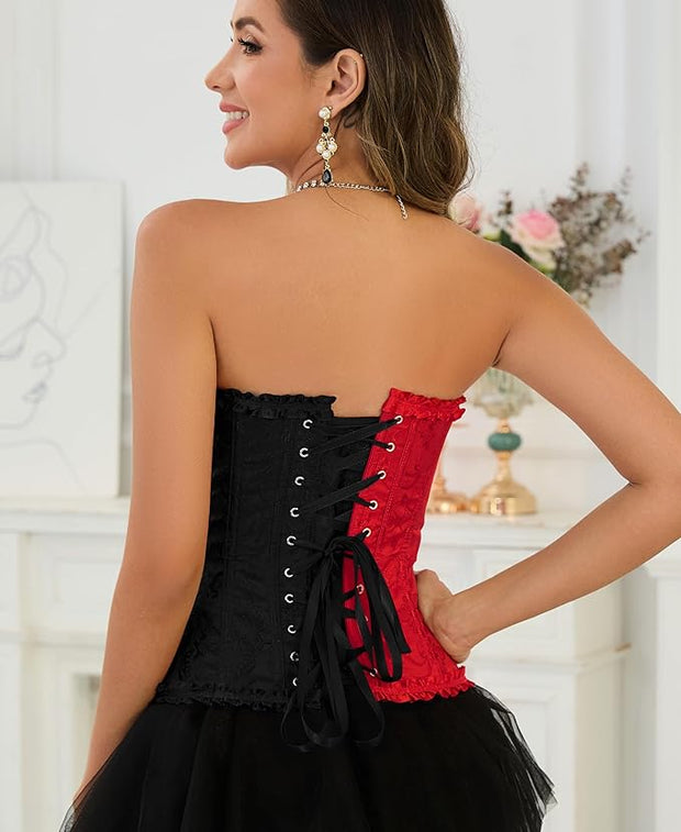 Half & Half Black & Red Classic Floral Print Bustier Corset