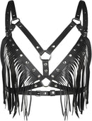 PU Leather Fringe Harness Bralette with Metal Studs