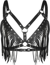 PU Leather Fringe Harness Bralette with Metal Studs