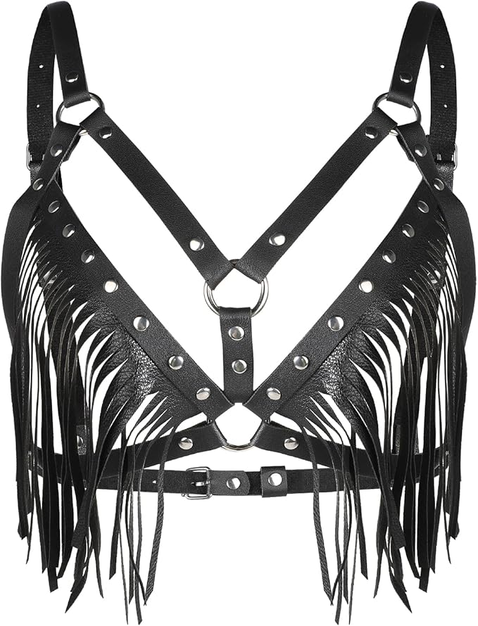 PU Leather Fringe Harness Bralette with Metal Studs