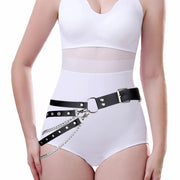 PU Leather Waist Belt with Silver Pin Buckle, Straps & Metal Chains