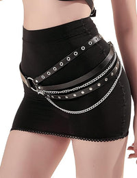 PU Leather Waist Belt with Silver Pin Buckle, Straps & Metal Chains