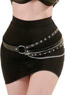 PU Leather Waist Belt with Silver Pin Buckle, Straps & Metal Chains