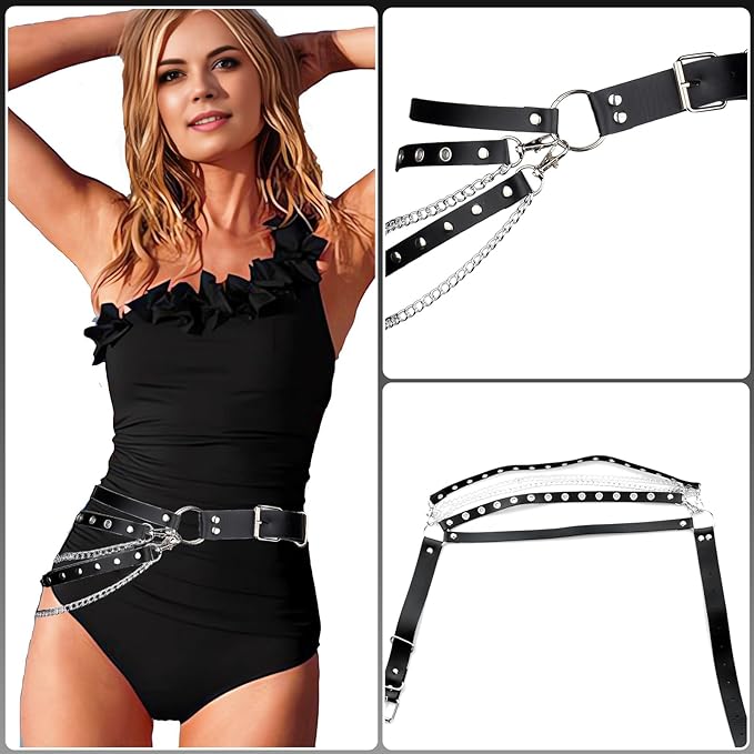 PU Leather Waist Belt with Silver Pin Buckle, Straps & Metal Chains