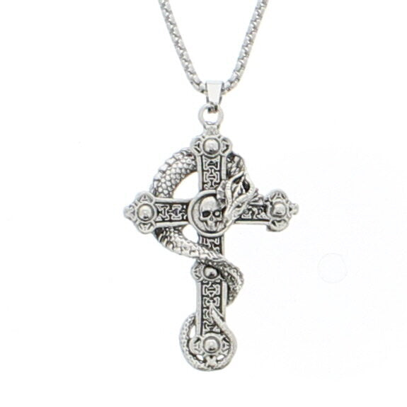 Skull Cross & Snake Pendant on Adjustable Chain Necklace