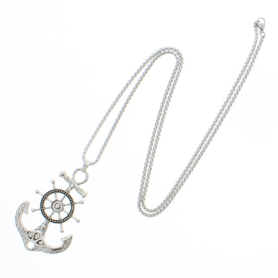 Silver Anchor & Wheel Pendant on Chain Necklace