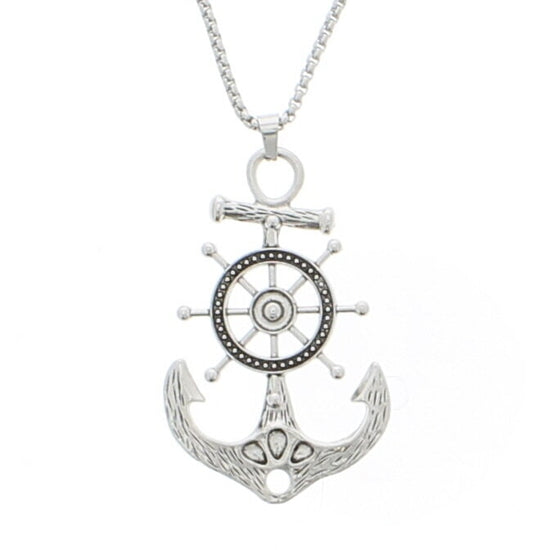 Silver Anchor & Wheel Pendant on Chain Necklace