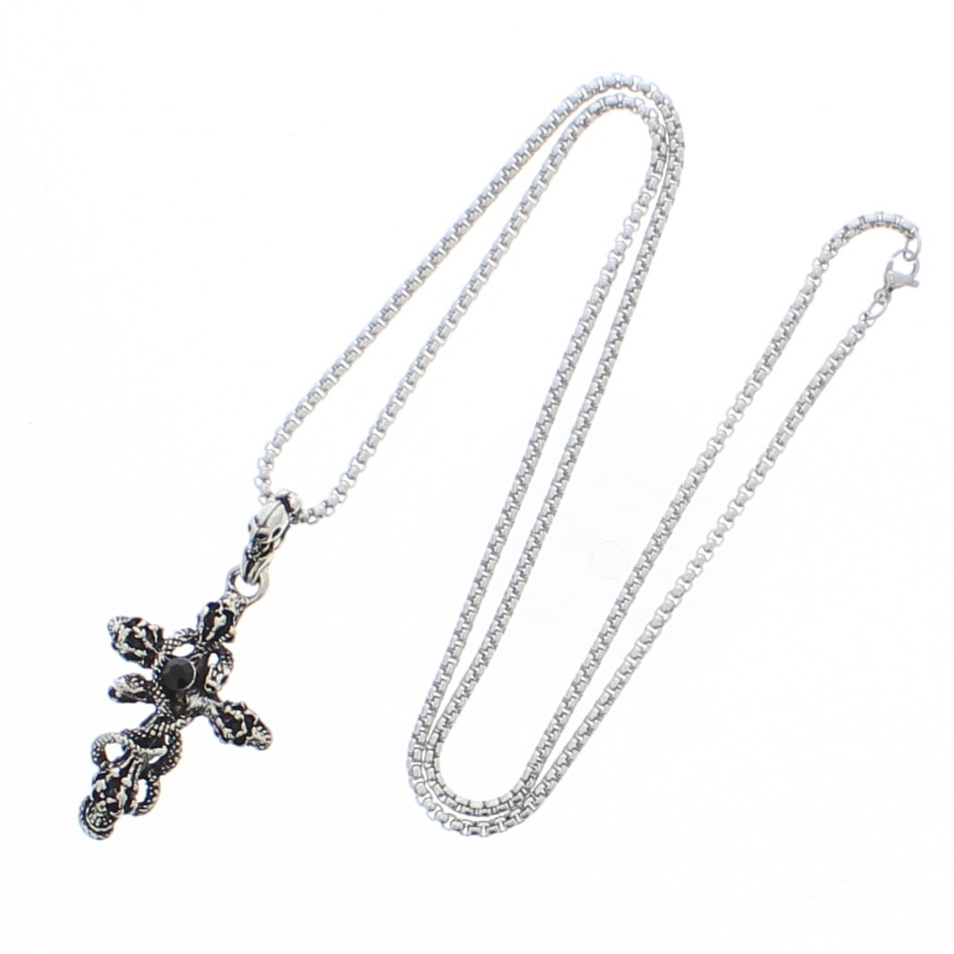Skulls, Snake & Cross Chain Necklace with Black Diamante Stone