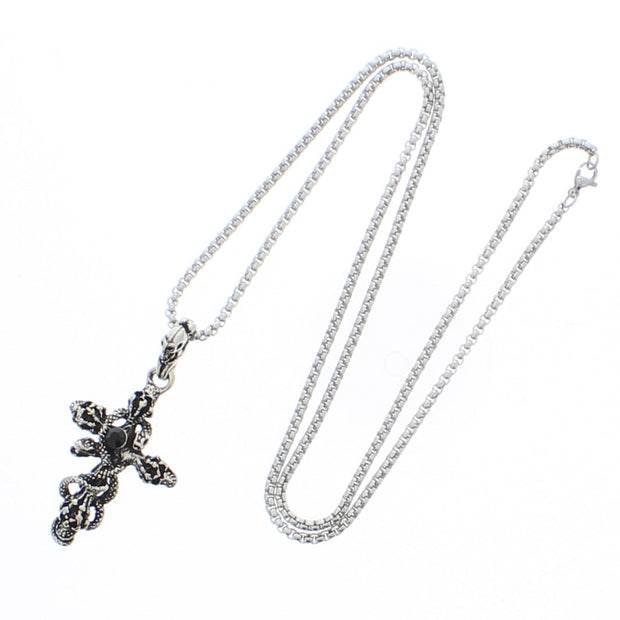 Skulls, Snake & Cross Chain Necklace with Black Diamante Stone