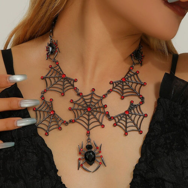 Gun Metal Cobweb Necklace with Black Jewel Spiders & Ruby Stones