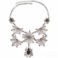 Gun Metal Cobweb Necklace with Jewel Spiders & Ruby