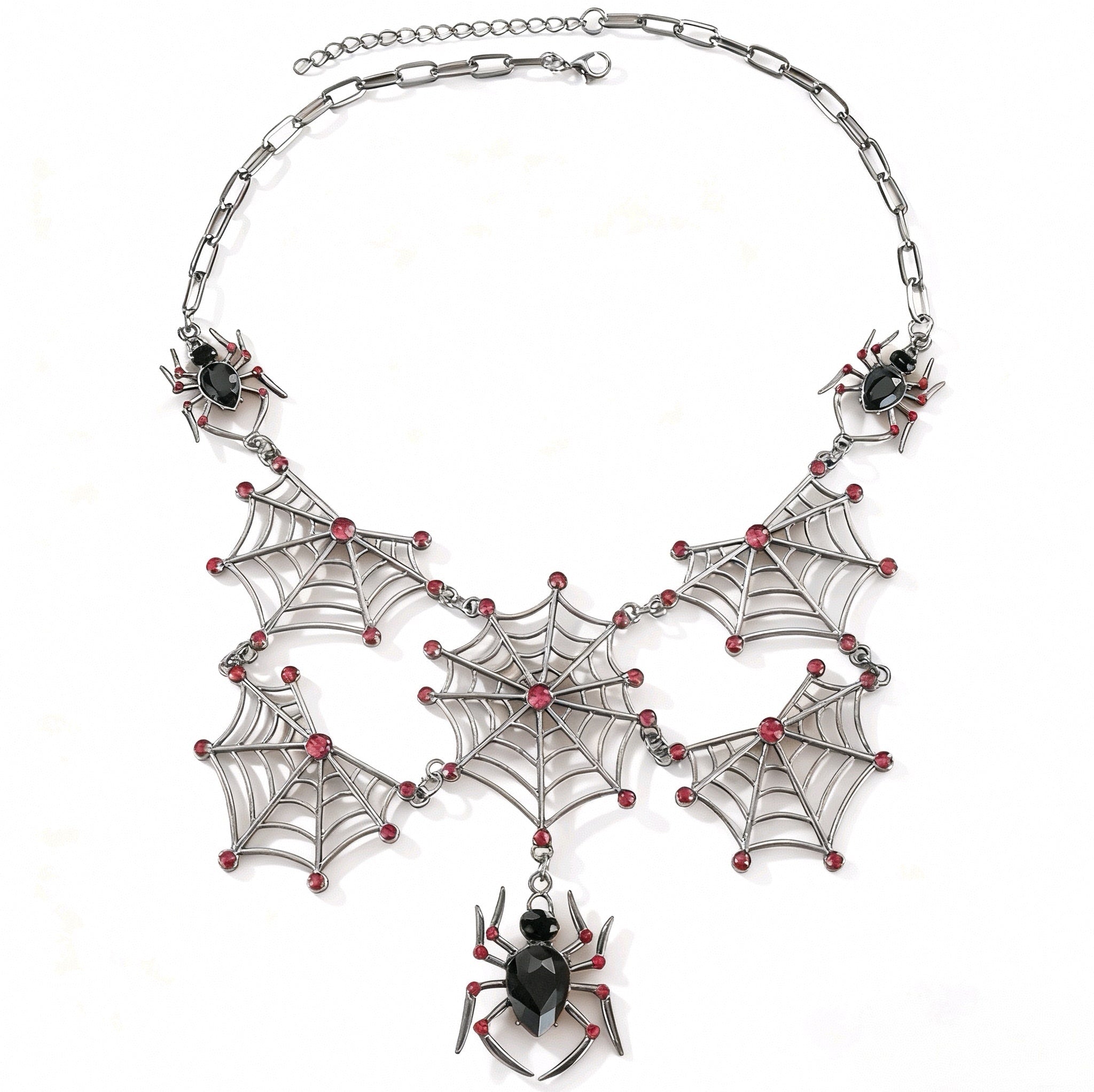 Gun Metal Cobweb Necklace with Jewel Spiders & Ruby