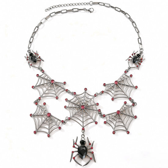 Gun Metal Cobweb Necklace with Jewel Spiders & Ruby