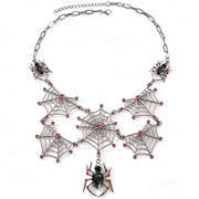 Gun Metal Cobweb Necklace with Black Jewel Spiders & Ruby Stones