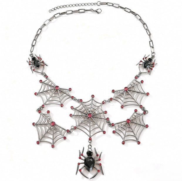 Gun Metal Cobweb Necklace with Black Jewel Spiders & Ruby Stones