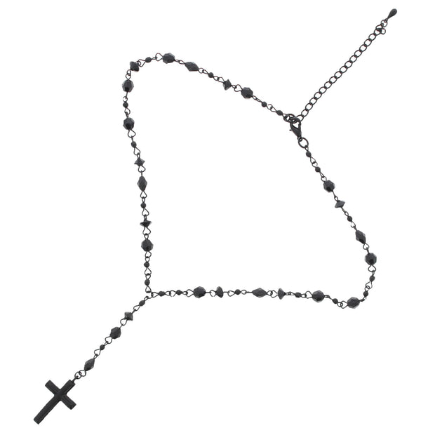 Black Faceted Bead Rosary Cross Necklace