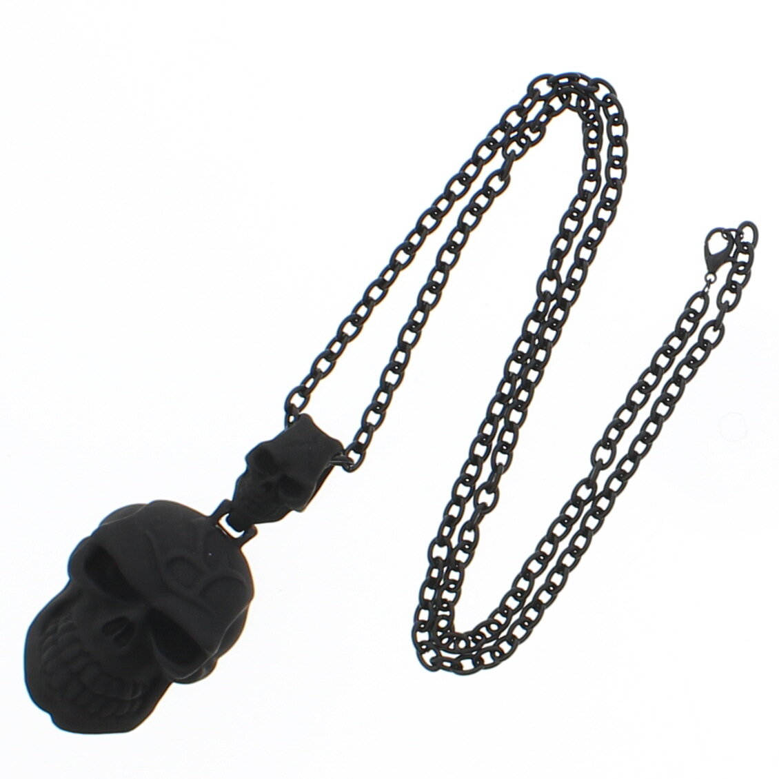 Black Matte Finish Engraved Skull Pendant Necklace