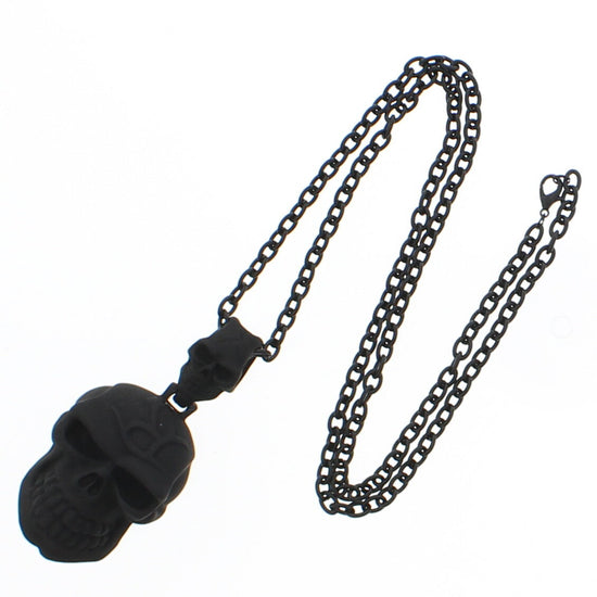 Black Matte Finish Engraved Skull Pendant Necklace