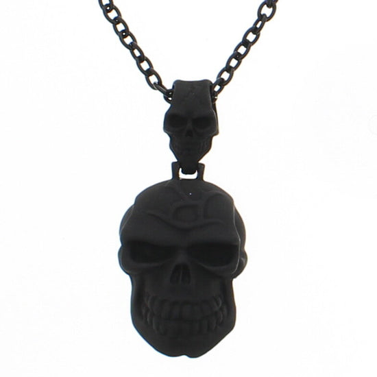 Black Matte Finish Engraved Skull Pendant Necklace