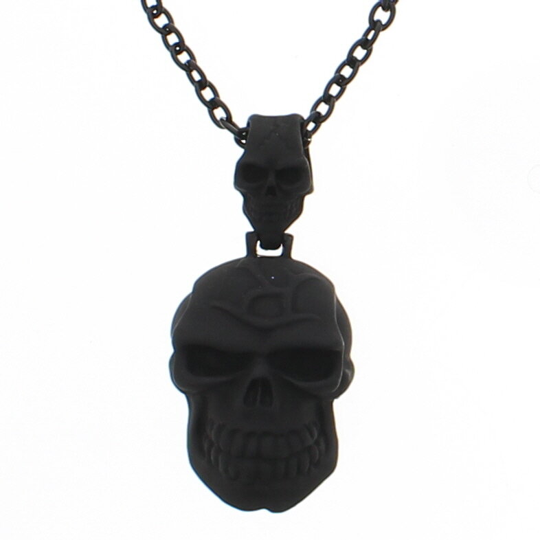 Black Matte Finish Engraved Skull Pendant Necklace
