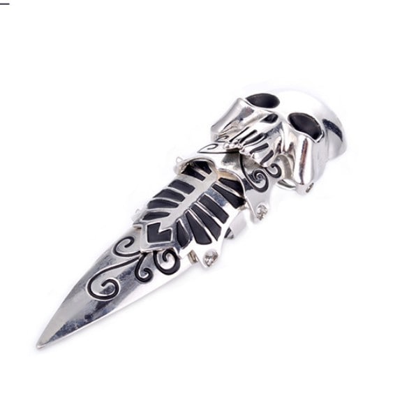 Silver Long Knuckle Skull Punisher Ring