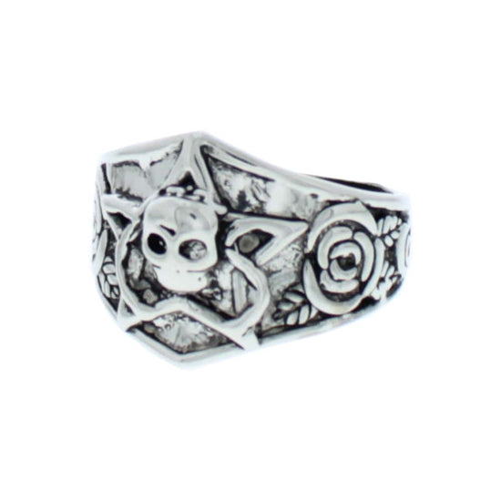 Roses & Pentagram Skull Ring