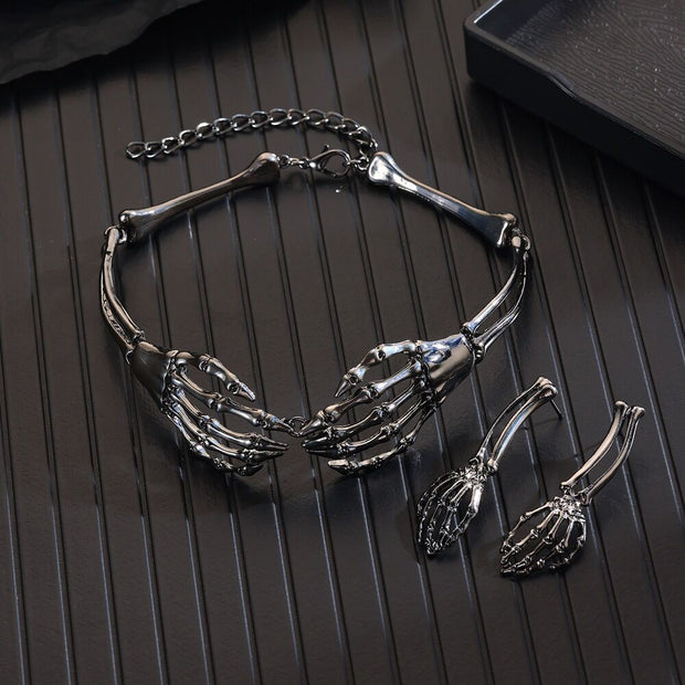 Adjustable Skeleton Hand Choker & Earrings Set