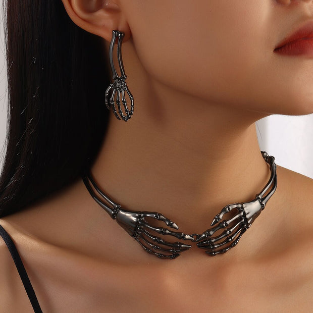 Adjustable Skeleton Hand Choker & Earrings Set