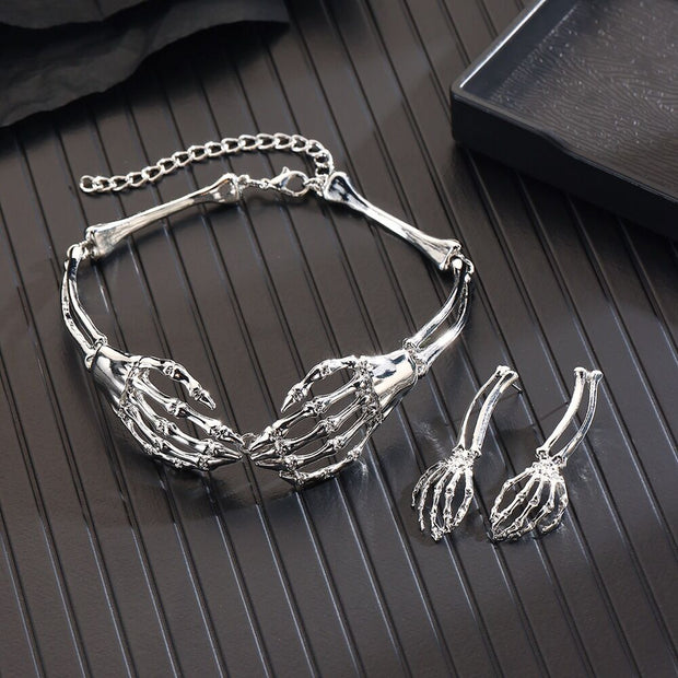 Adjustable Skeleton Hand Choker & Earrings Set