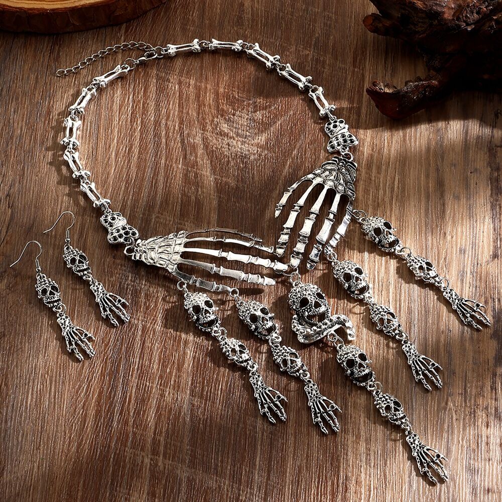 Silver Diamante Skeleton Choker & Earrings Set