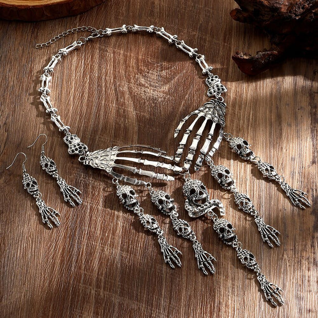 Adjustable Silver Diamante Skulls & Skeleton Bones Choker & Earrings Set