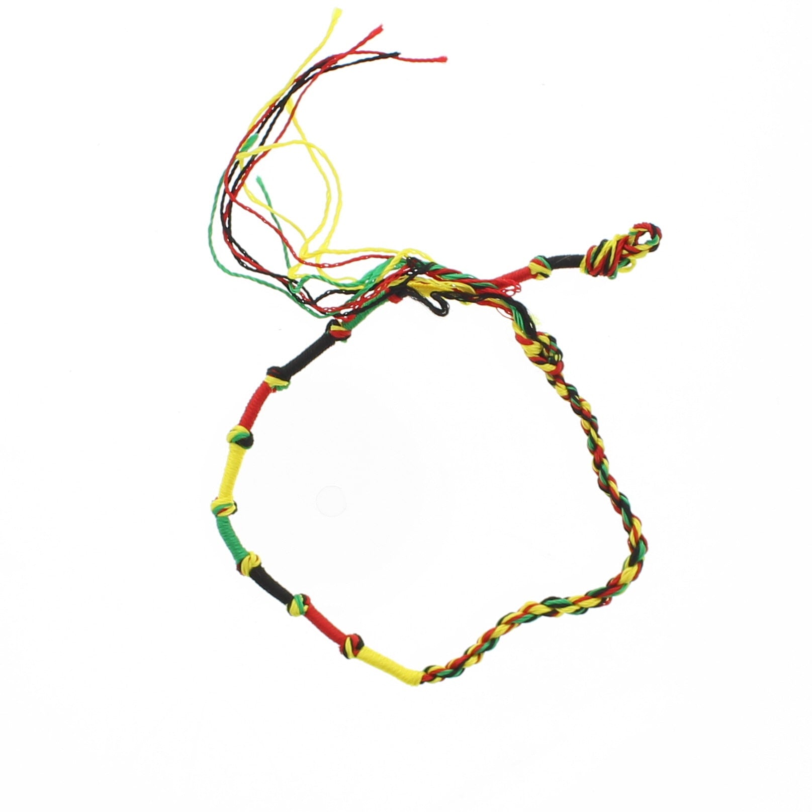 Bracelet with red, yellow, and green braided pattern on a white background