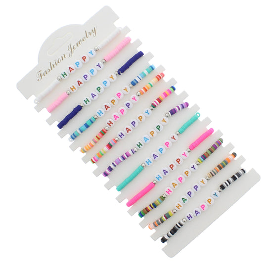 Card of 12 Assorted Colourful HAPPY Friendship Bracelets