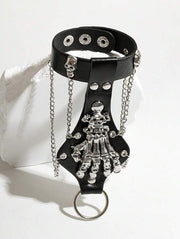Black PU Bracelet with Skull Studs, Chains, Large Skeleton Hand & Ring
