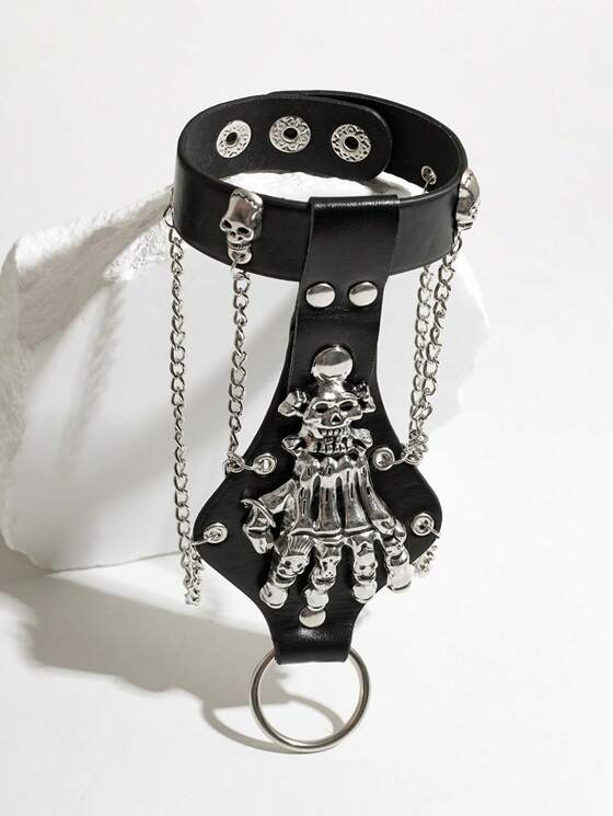 Black PU Bracelet with Skull Studs, Chains, Large Skeleton Hand & Ring