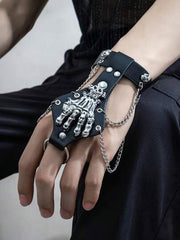 Black PU Bracelet with Skull Studs, Chains, Large Skeleton Hand & Ring