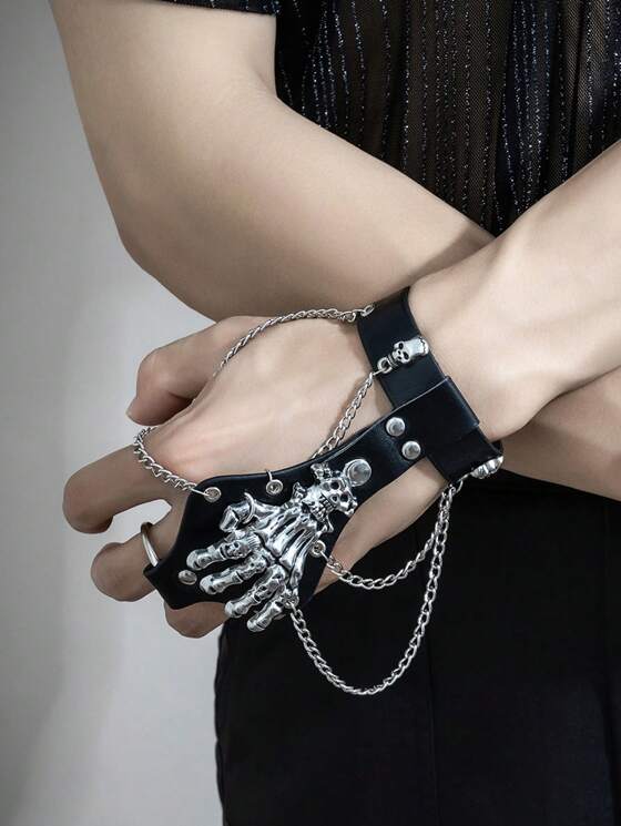 Black PU Bracelet with Skull Studs, Chains, Large Skeleton Hand & Ring