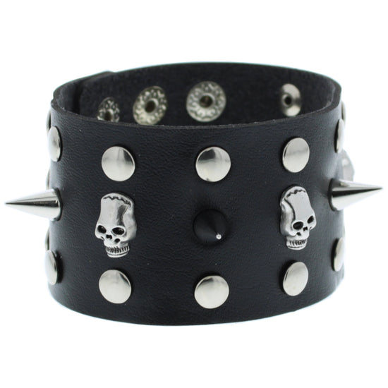 Black PU Bracelet with Skull Studs & Spikes